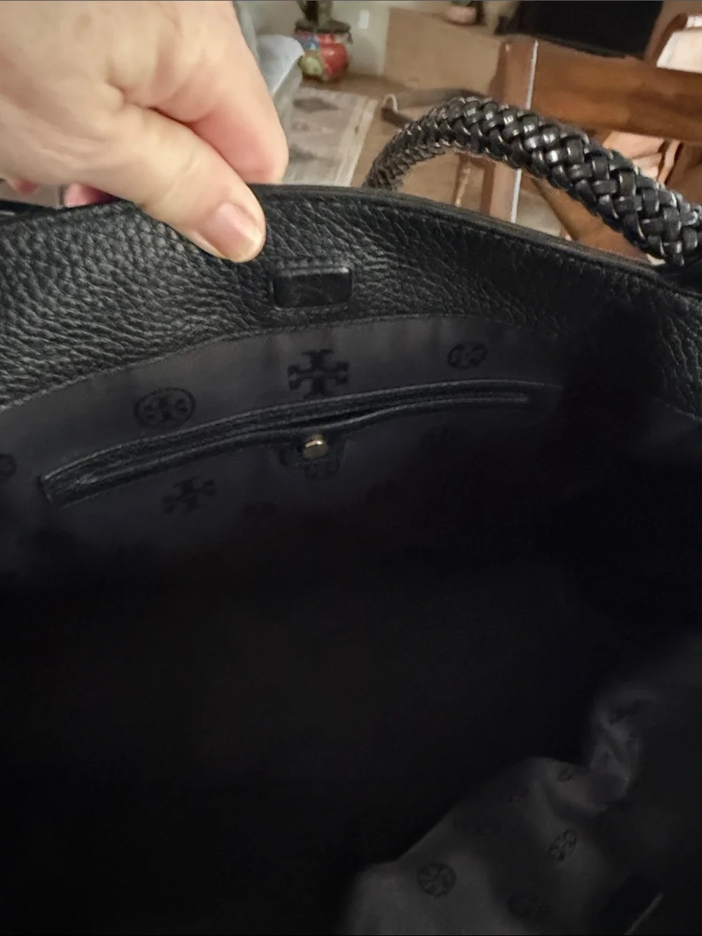 Tory Burch Black Pebbled Leather Tote with Braided Handles